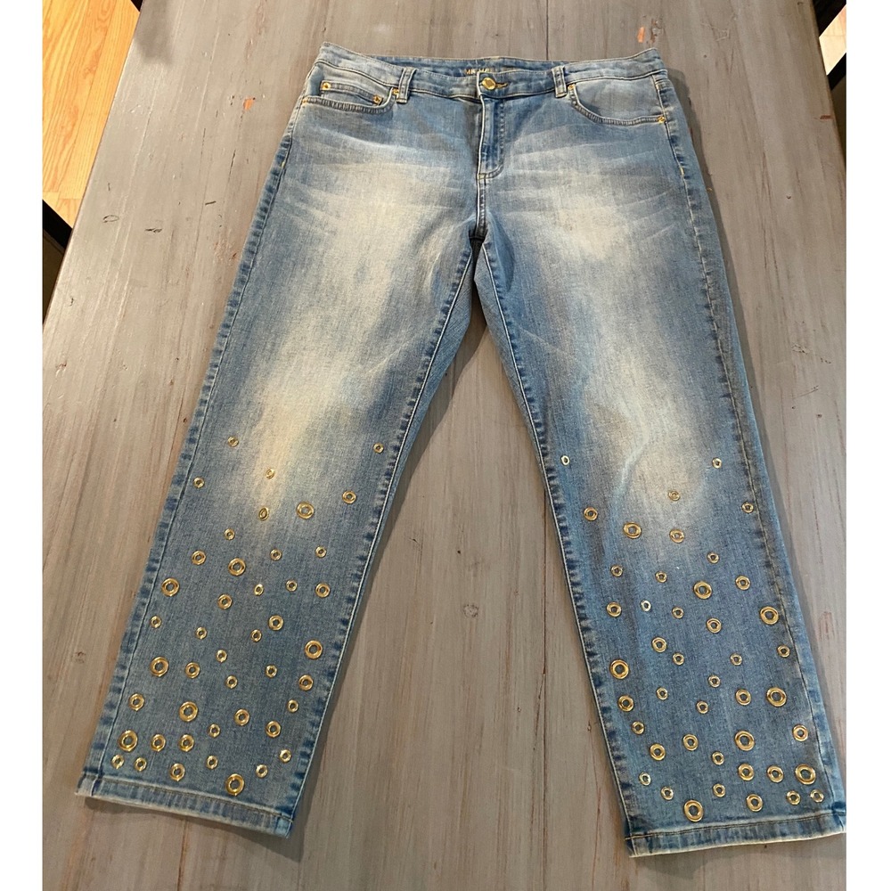 Michael Kors Gold Grommet Embellished Straight Leg Cropped Jeans Blue Wash